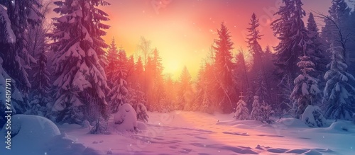 Bright panoramic sunrise in winter forest with snow background