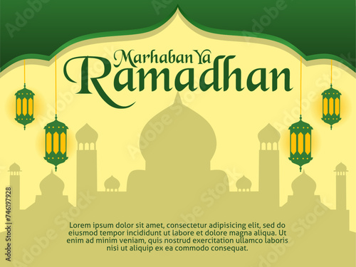 Marhaban ya Ramadhan Islamic greeting background design with mosque silhouette and lantern ornaments. Can be used for Eid al-Fitr