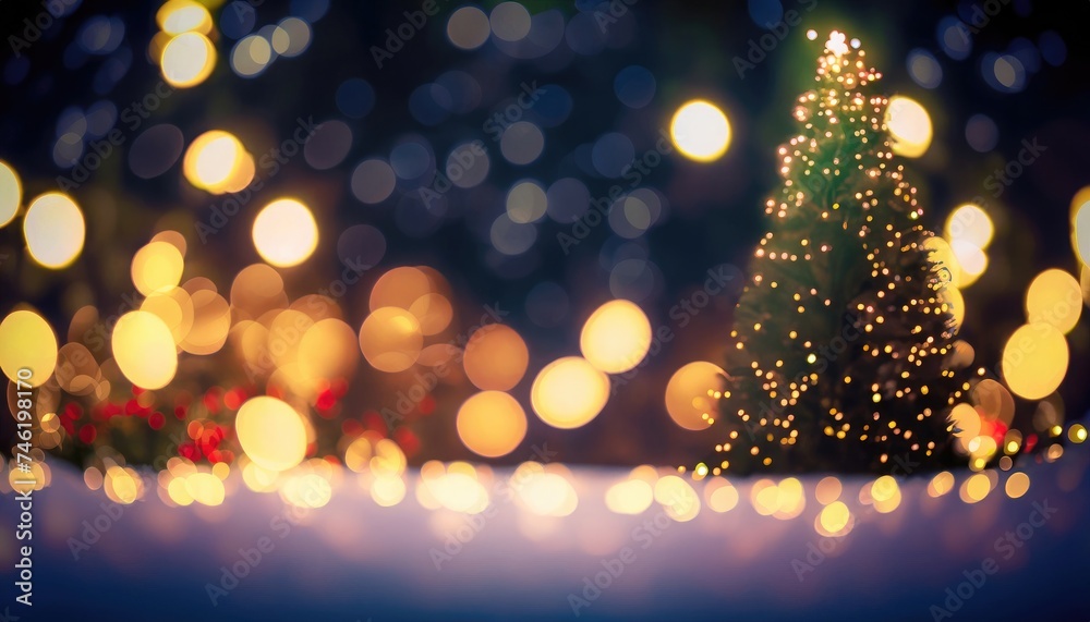 A festive winter night, illuminated by a sparkling bokeh of light radiating from a Christmas tree A festive winter night, illuminated by a sparkling bokeh of light radiating from a Christmas tree