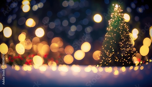 A festive winter night  illuminated by a sparkling bokeh of light radiating from a Christmas tree