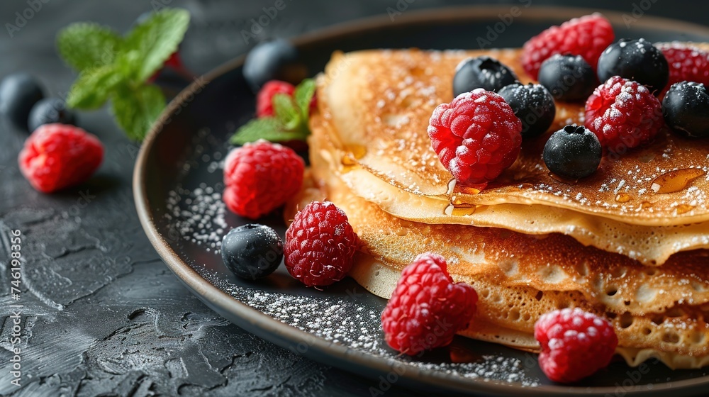 Crepes with jam, berries and sugar powder. Homemade pancakes, delicious breakfast Crepes with jam, berries and sugar powder. Homemade pancakes, delicious breakfast