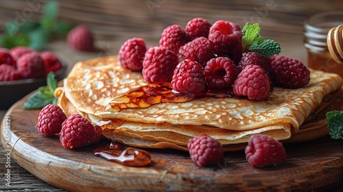 Crepes with jam, berries and sugar powder. Homemade pancakes, delicious breakfast