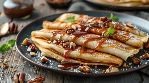 crepes with salted caramel and nuts, top view, wooden background photo