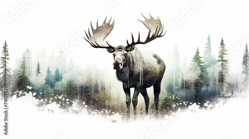 white background double exposure of a moose silhouette see line drawn forest   Created using Generative AI