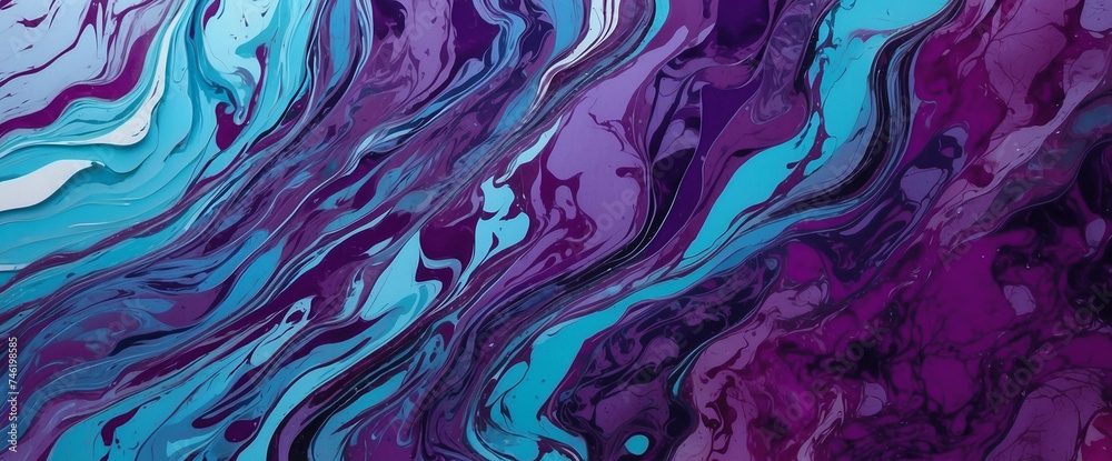 Abstract background with stunning fluid waves, with a combination of blue, purple and aqua colors - obrazy, fototapety, plakaty 