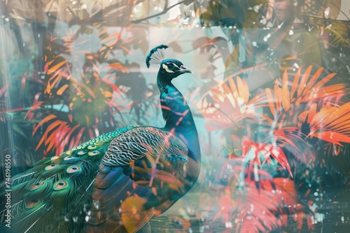 A proud peacock blended with the vibrant hues of a tropical garden in a double exposure
