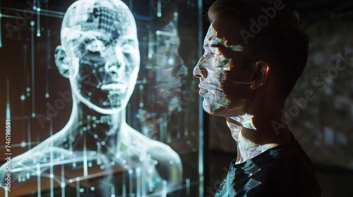 human hologram, virtual AI assistant concept, futuristic artificial intelligence technology, modern digital tech, AI innovation photo