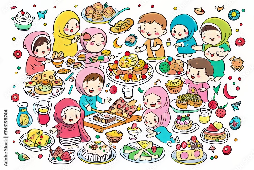 Cartoon cute doodles of characters spending quality time with family and friends, bonding over delicious Ramadan desserts and sweets, Generative AI