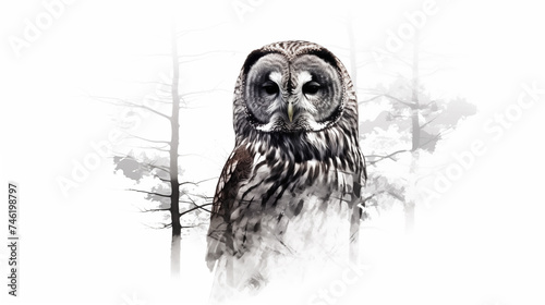 White background double exposure of barred owl silhouette see line drawn forest - Created using Generative AI