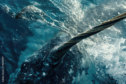 Intense close-up of a narwhal's tusk against icy blue waters photo