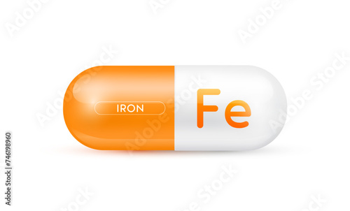 Iron minerals capsule orange 3D isolated on white background. Nutrients necessary for the body helps maintain brain and bone. Dietary supplement health care concept. Vector EPS10 illustration.