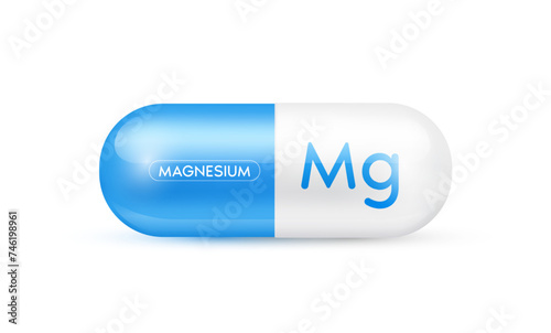 Magnesium minerals capsule blue 3D isolated on white background. Nutrients necessary for the body helps maintain brain and bone. Dietary supplement health care concept. Vector EPS10 illustration.