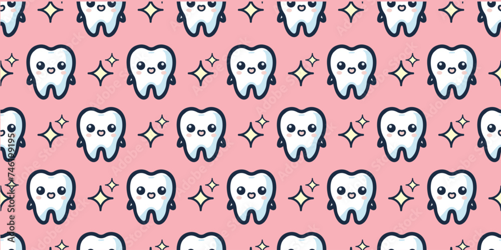 Cute Tooth and Sparkle Seamless Pattern.Vector.キュートな歯とキラキラのシームレスパターン Cute Tooth and Sparkle Seamless Pattern.Vector.キュートな歯とキラキラのシームレスパターン