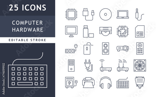 Computer hardware icons set. Device, hard disk, usb, pc, processor. Vector illustration. editable stroke