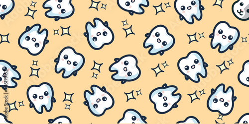 Cute Tooth and Sparkle Seamless Pattern.Vector.キュートな歯とキラキラのシームレスパターン