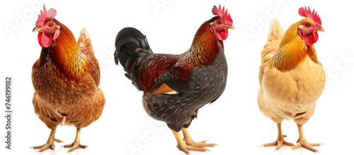 Three hens, isolated on a white background, standing side by side.