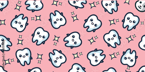 Cute Tooth and Sparkle Seamless Pattern.Vector.キュートな歯とキラキラのシームレスパターン