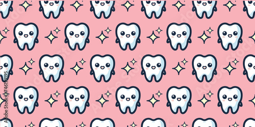 Cute Tooth and Sparkle Seamless Pattern.Vector.キュートな歯とキラキラのシームレスパターン
