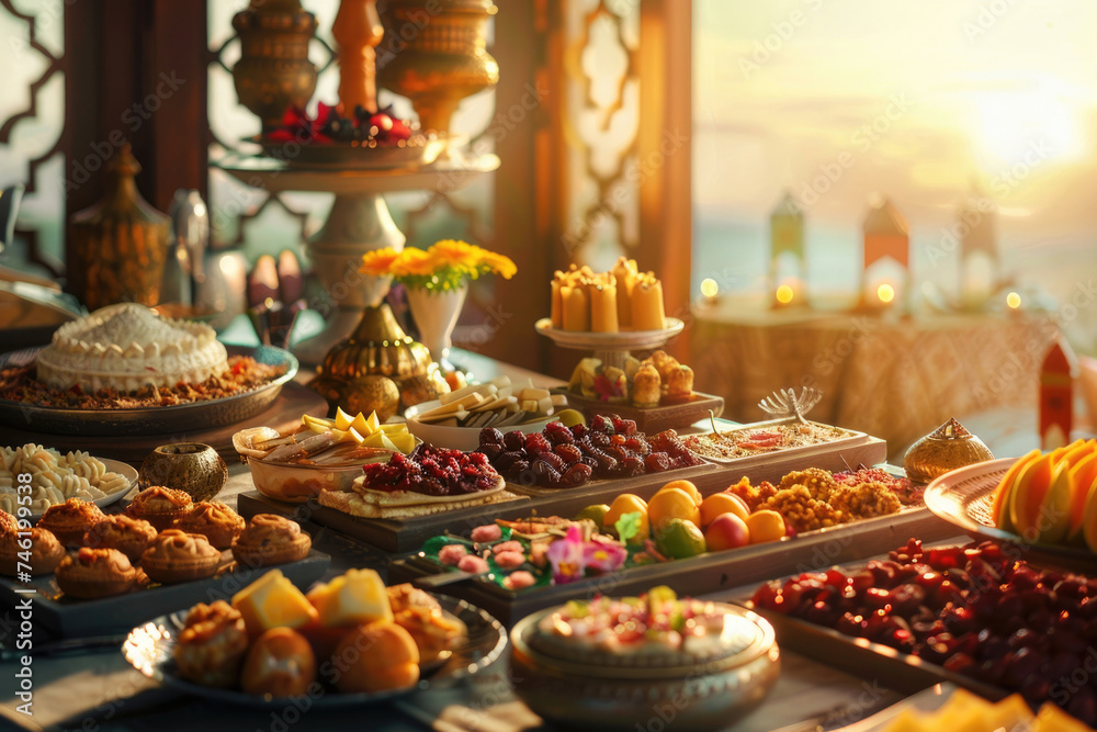 A bountiful iftar table spread with traditional Ramadan dishes