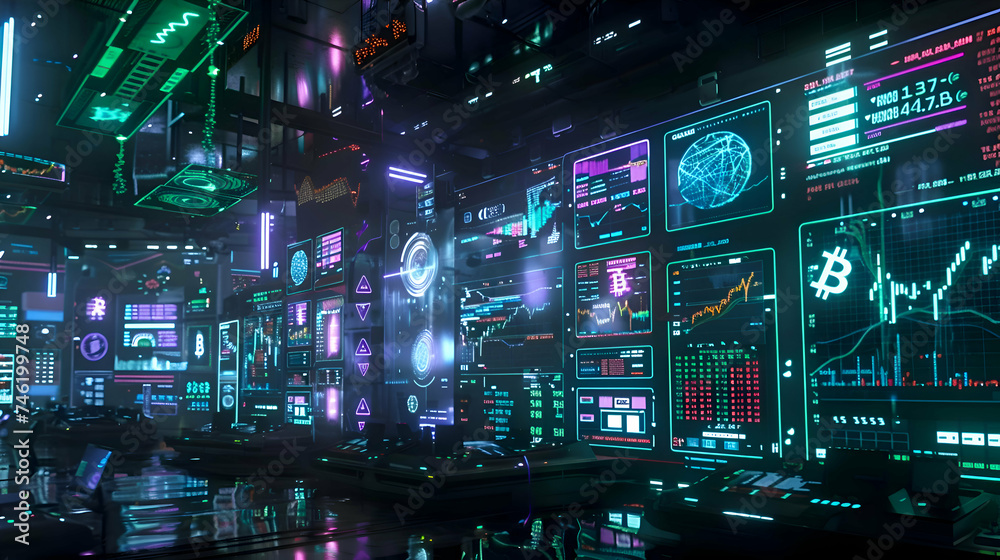 Illustration of a high-tech digital trading space glowing screens display real-time cryptocurrency and stock market data background. 