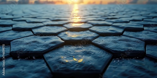 The sun is setting over the ocean with a backdrop of many hexagonal tiles in graphic representation.