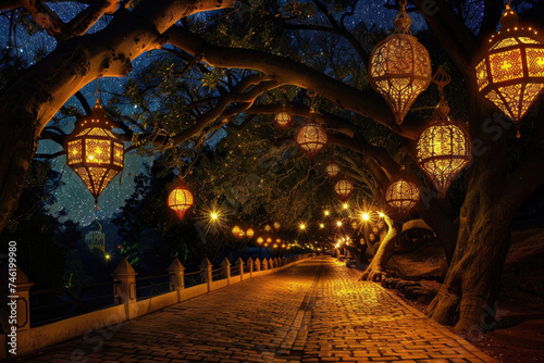 A pathway lined with glowing Ramadan lanterns under the night sky