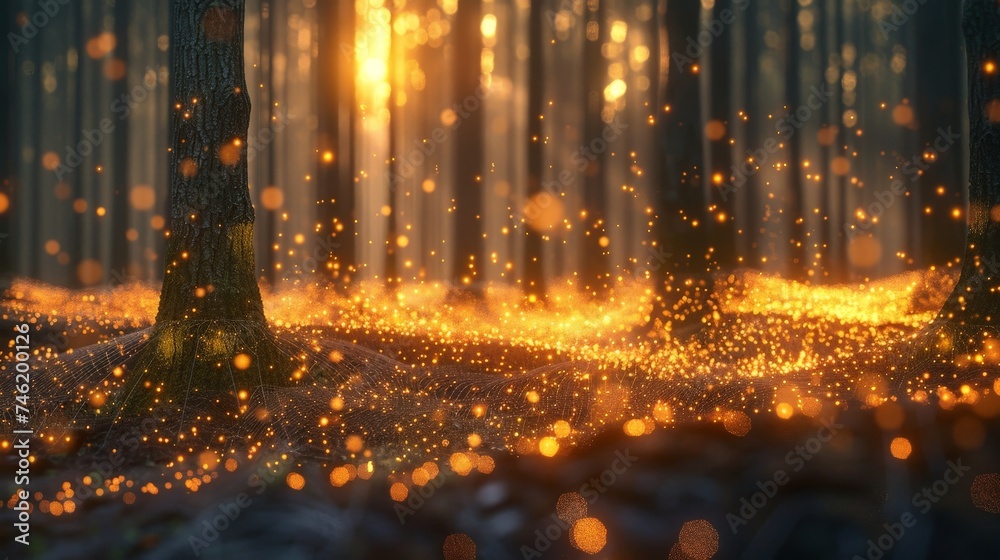 A 3D-rendered representation of a cybernetic forest at dusk, where the trees are made of light fibers and the ground pulses with digital life.