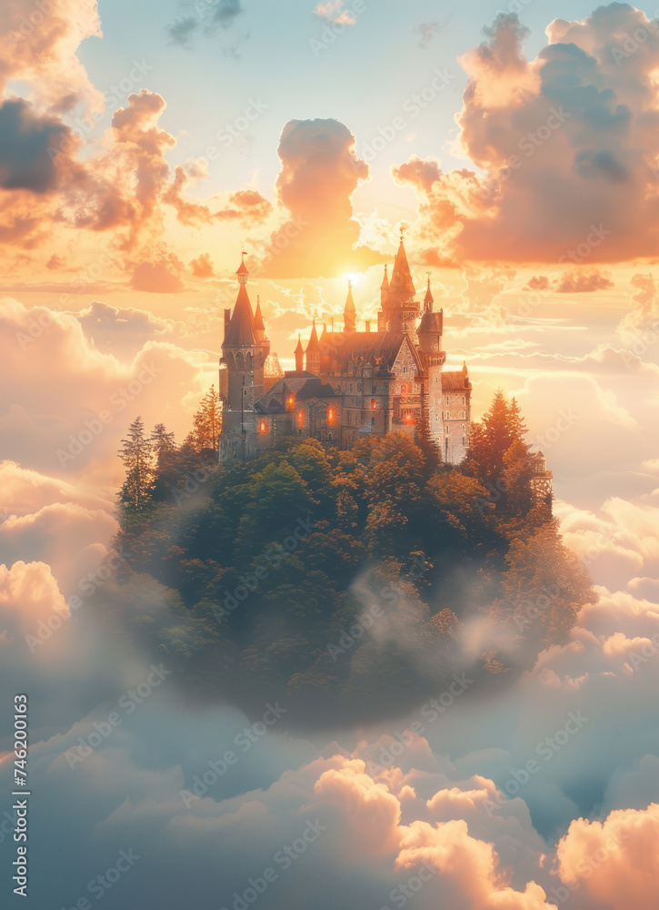 Dream castle floating in soft clouds, surrounded by a magical landscape, early morning light