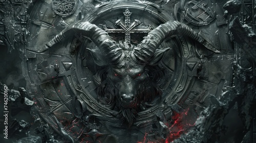 Detailed artwork of baphomet surrounded by enigmatic symbols and artifacts photo