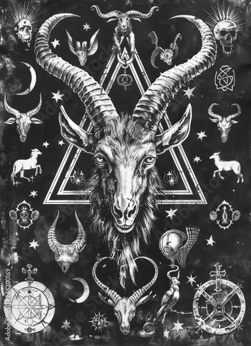 Engravings of baphomet surrounded by esoteric symbols and artifacts photo