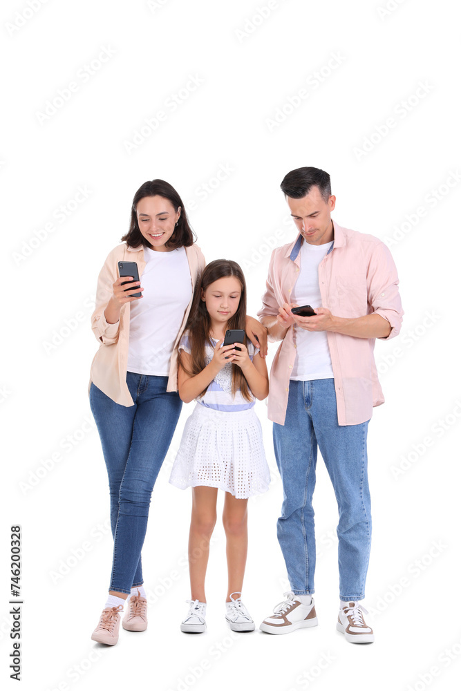 Happy family with mobile phones isolated on white background Happy family with mobile phones isolated on white background
