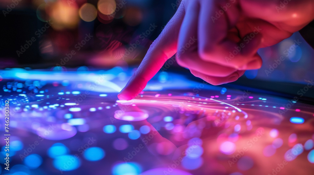 A persons hand pressing a virtual button displayed on an AR mat engaging in an interactive finger dexterity exercise. A persons hand pressing a virtual button displayed on an AR mat engaging in an interactive finger dexterity exercise.