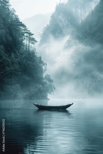 Vertical view of a fantasy boat navigating through mist, calm waters, surrounded by nature