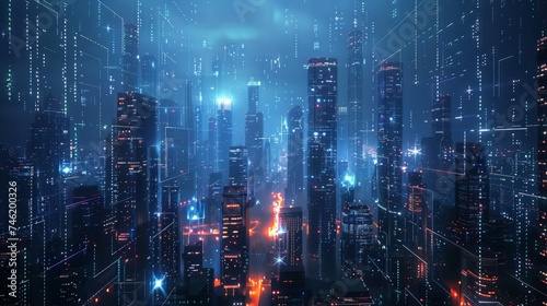 A sprawling futuristic city skyline gleams with neon lights  reflecting over calm waters at twilight  encapsulating the essence of a cybernetic urban dreamscape