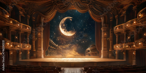 Wide shot of a classical theater scene, enhanced by the majestic backdrop of a starry night and a glowing half-moon photo