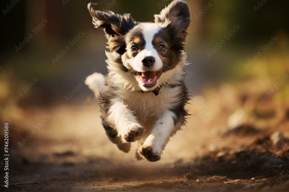 Playful Running funny fluffy dog in summertime. Pet doggy playing and sprinting outside. Generate ai Playful Running funny fluffy dog in summertime. Pet doggy playing and sprinting outside. Generate ai