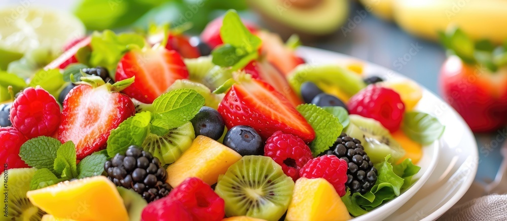 A white bowl filled with a delicious fruit salad resting on top of a table. The colorful fruits create a visually appealing and nutritious dish.
