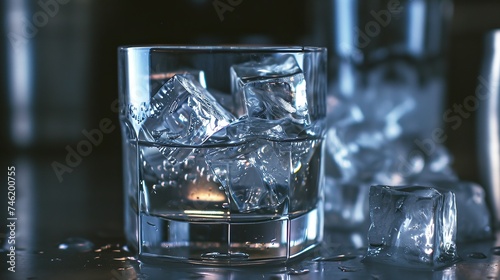 Close-up of glass containing whiskey or alcoholic drink and ice cubes.