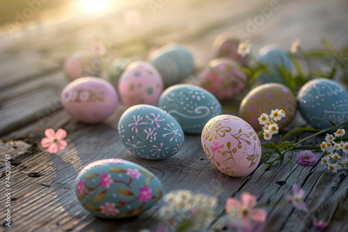 Hand-painted pastel Easter eggs on a sunlit wooden table