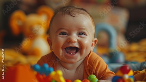 Vibrant Playtime: Adorable Infant Amidst Colorful Toys