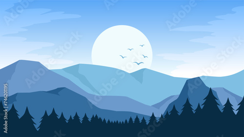 Blue mountain landscape vector illustration. Scenery landscape of mountain ridge in the morning. Mountain range landscape for illustration, background or wallpaper