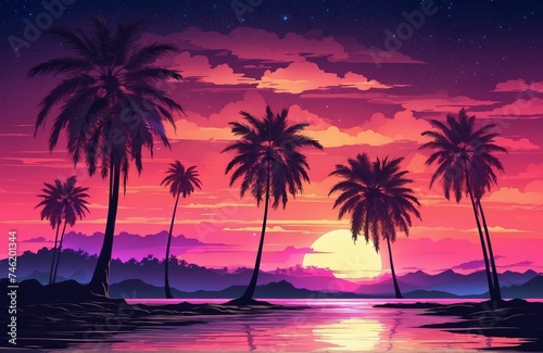 Night landscape with palm trees, against the backdrop of a neon sunset, stars. Silhouette coconut palm trees on beach at sunset. Vintage tone. Futuristic landscape. Neon palm tree. Tropical sunset. © Rafli