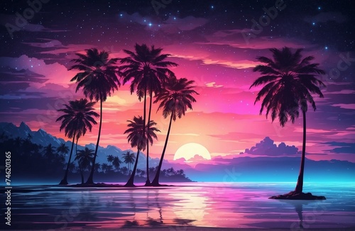 Night landscape with palm trees  against the backdrop of a neon sunset  stars. Silhouette coconut palm trees on beach at sunset. Vintage tone. Futuristic landscape. Neon palm tree. Tropical sunset.