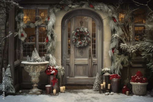 Festive Rustic christmas entrance background. Home decor. Generate Ai