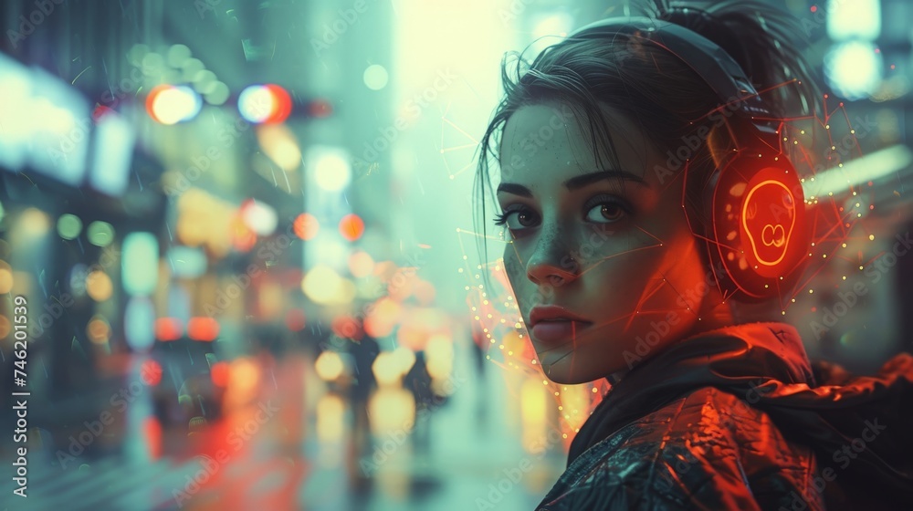 A stylish young woman wears headphones, surrounded by blurred city lights and a futuristic aura A stylish young woman wears headphones, surrounded by blurred city lights and a futuristic aura