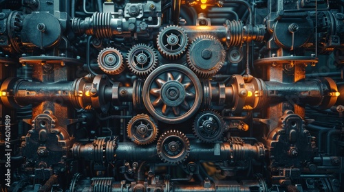 3D render of dark industrial vehicle parts, gears and pipes forming a mesmerizing pattern, stark beauty of engineering, wide angle, hyperrealistic, night, cyberpunk vibe, digital AI Generative