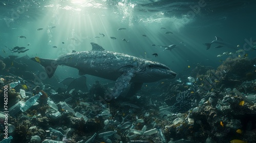 A compelling underwater view of the global issue with plastic rubbish  marine creatures amidst floating plastic waste  a powerful visual call to address the pressing environmental AI Generative