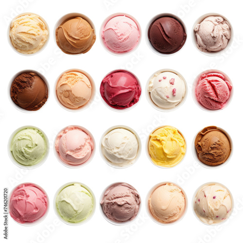 Top view of delicious, creamy and colorful ice creams in white tubs. Ice cream scoops of various flavors on transparent background. Generative AI. © cabado