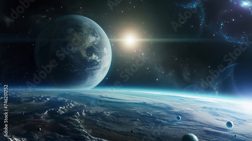 A futuristic view of Earth as the third planet, in a large panoramic format Advanced space technology elements and a detailed solar system layout Created Using Futuristic style, AI Generative