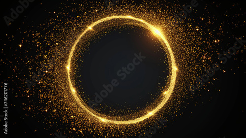 A hyper-realistic gold glitter circle, intense light shine, dense golden sparkles tightly packed in a perfect circle frame, against a deep black background, shimmering, AI Generative